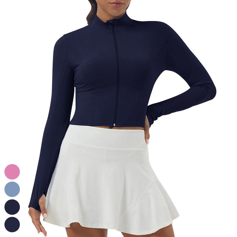 Stand Up Collar Long Sleeve Thumb Holes Outdoor Running Workout Sports Jacket Zipper Fitness Clothing Top Yoga Jacket For Women