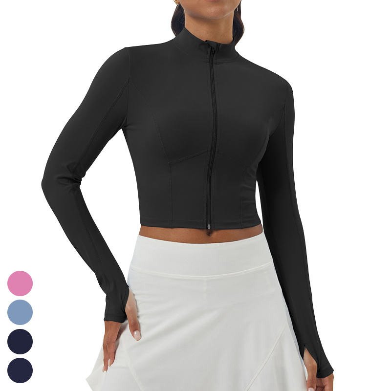 Stand Up Collar Long Sleeve Thumb Holes Outdoor Running Workout Sports Jacket Zipper Fitness Clothing Top Yoga Jacket For Women