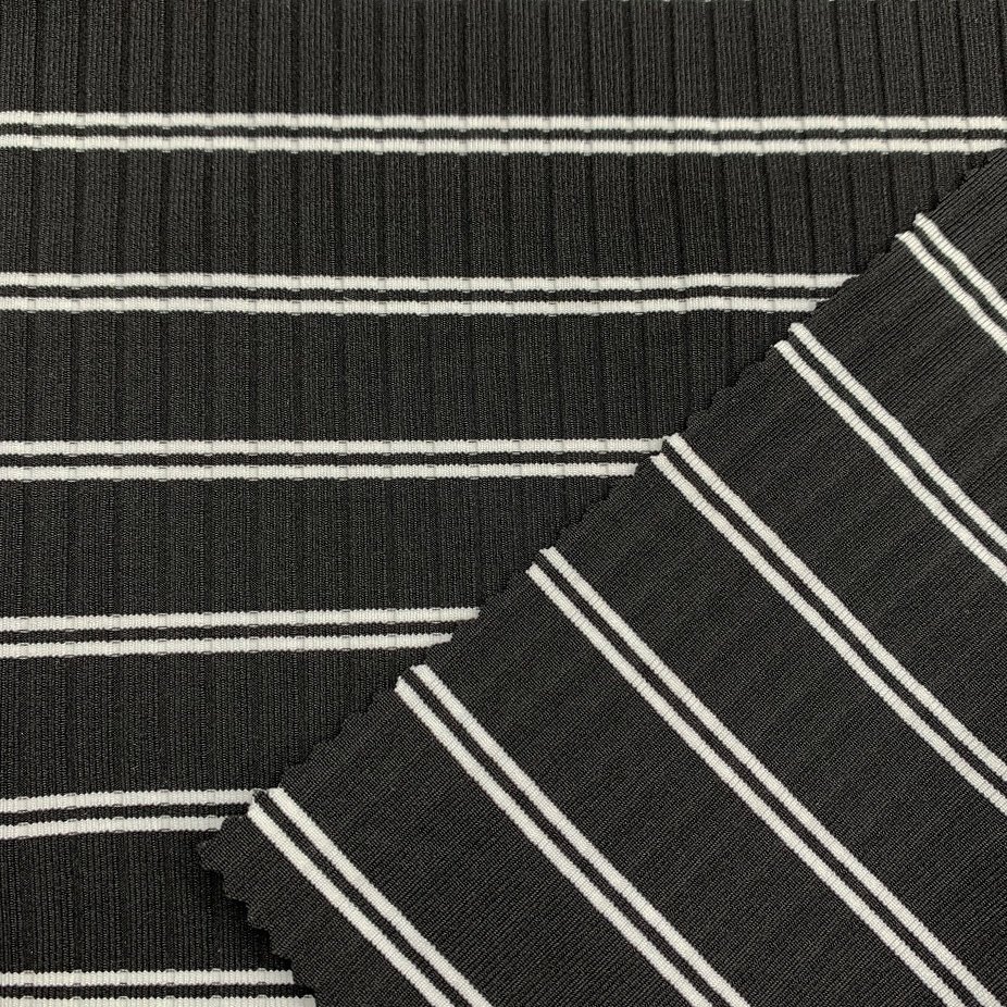 yarn dyed polyester spandex black white stripe fabric for swimwear bikini 4 way stretch jacquard custom knit rib fabric