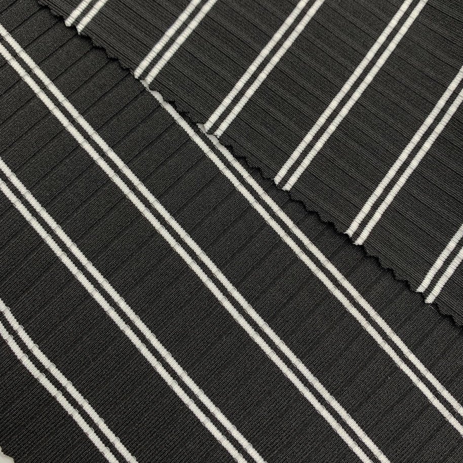yarn dyed polyester spandex black white stripe fabric for swimwear bikini 4 way stretch jacquard custom knit rib fabric
