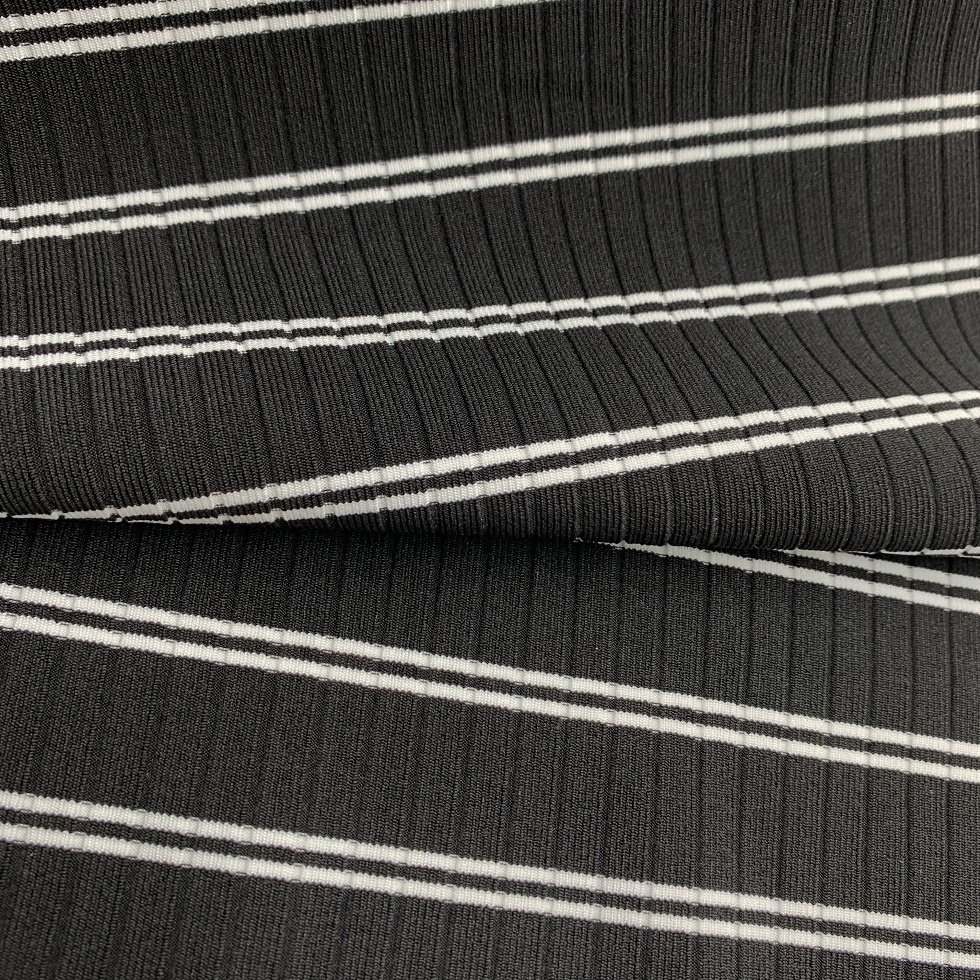 yarn dyed polyester spandex black white stripe fabric for swimwear bikini 4 way stretch jacquard custom knit rib fabric