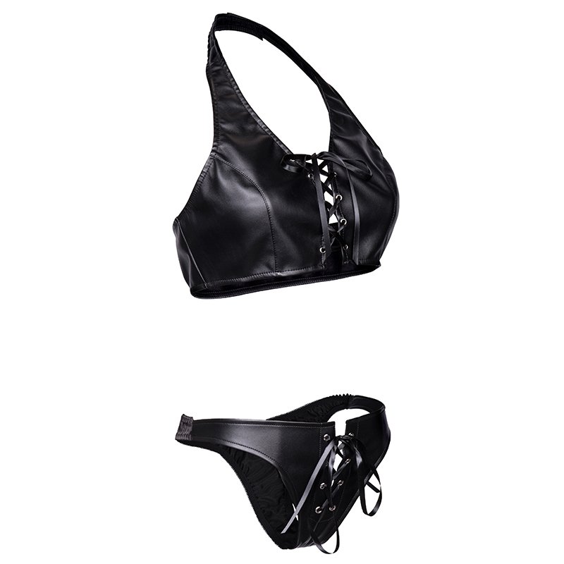 Leather Sexy Lingerie Women's Lace Up Halter Leather Bra & Briefs Sets For Clubwear Pricing Wholesales Guangzhou Factory