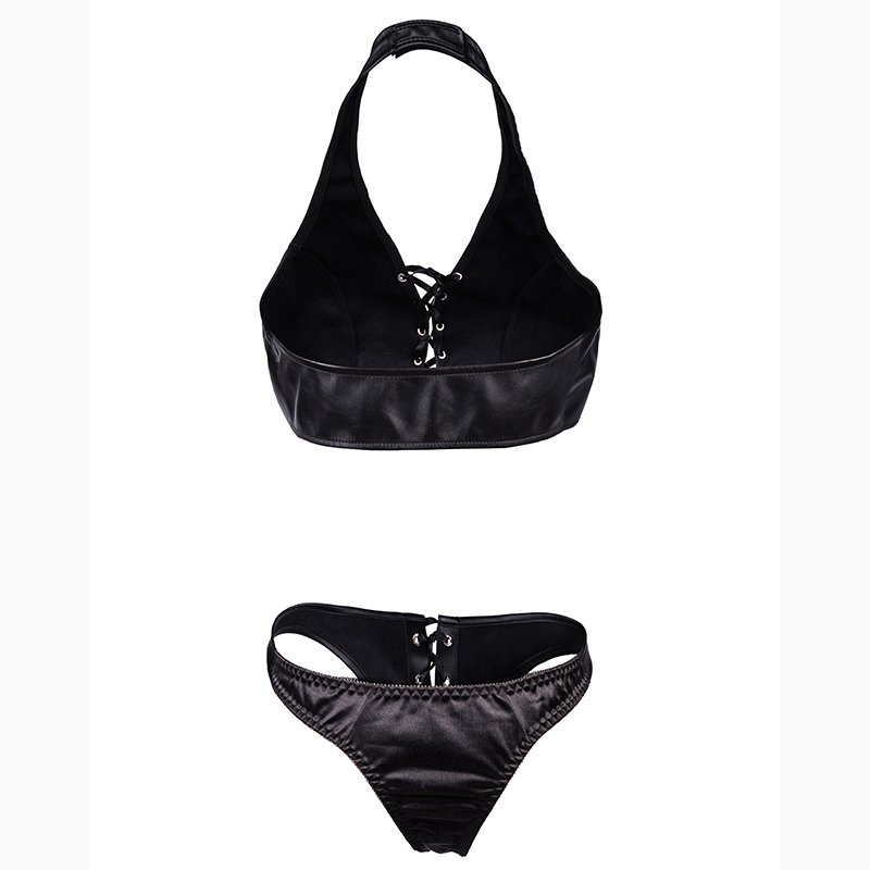 Leather Sexy Lingerie Women's Lace Up Halter Leather Bra & Briefs Sets For Clubwear Pricing Wholesales Guangzhou Factory