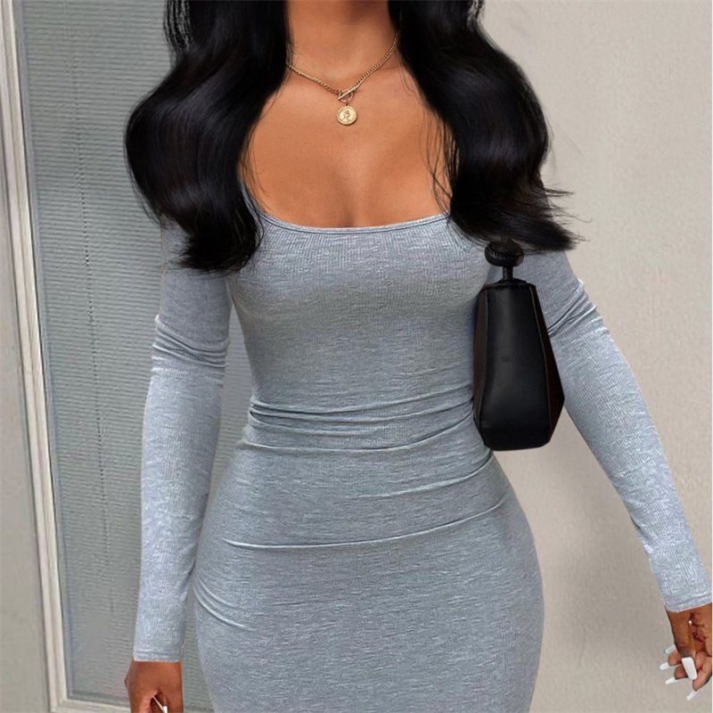 Hansilu 2024 Solid color elegant long party dresses long sleeve maxi ribbed bodycon dress sexy club spring dresses for girls