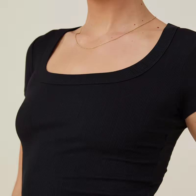 Custom Lady Sexy Basic T-Shirt Blank Baby Tee Cotton Black Square Neck Ribbed Crop Top Tshirts For Women