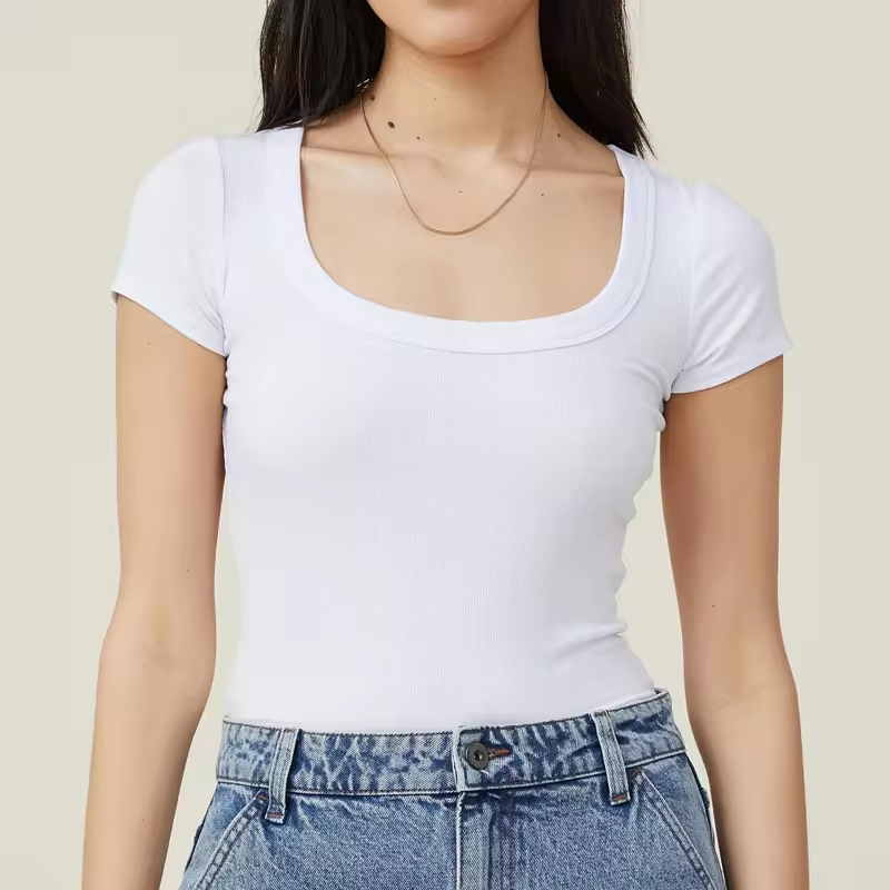 Custom Lady Sexy Basic T-Shirt Blank Baby Tee Cotton Black Square Neck Ribbed Crop Top Tshirts For Women