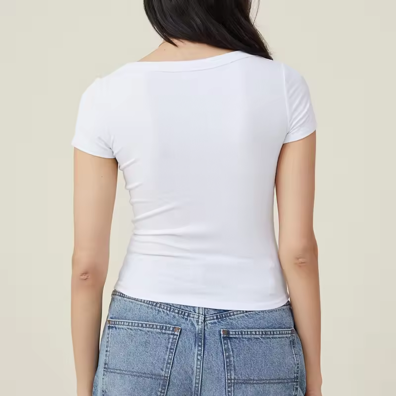 Custom Lady Sexy Basic T-Shirt Blank Baby Tee Cotton Black Square Neck Ribbed Crop Top Tshirts For Women