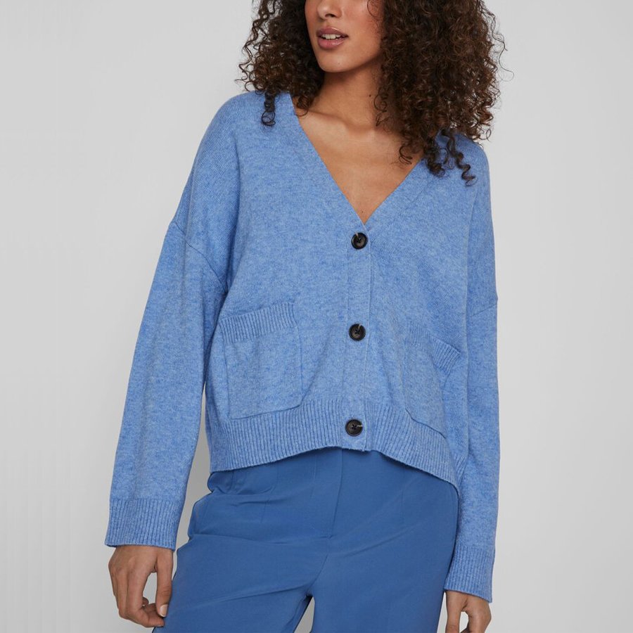 HDVL0005 Ladies drop shoulder buttoned knit short cardigan with rib trim