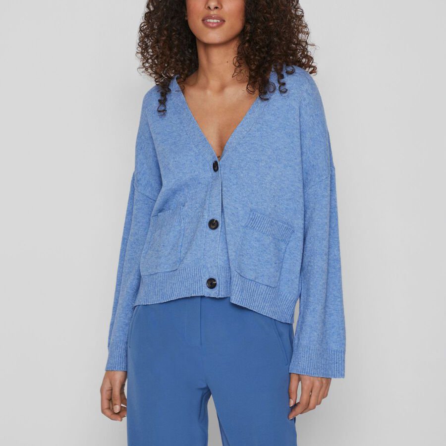 HDVL0005 Ladies drop shoulder buttoned knit short cardigan with rib trim