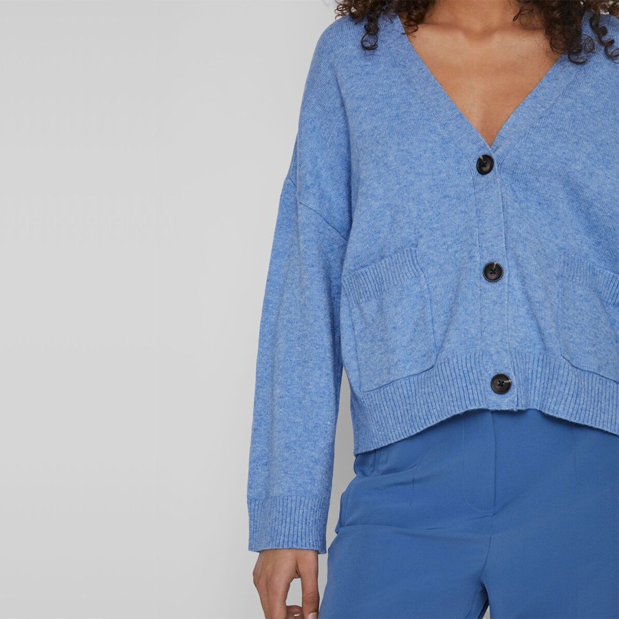 HDVL0005 Ladies drop shoulder buttoned knit short cardigan with rib trim