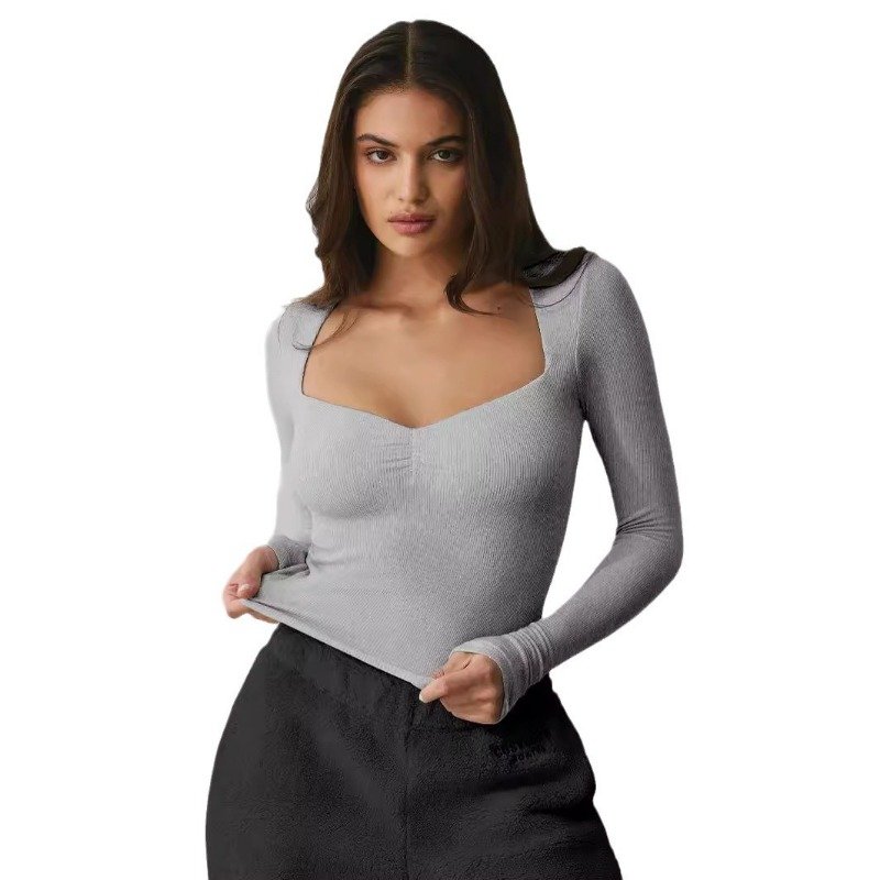 Custom Logo T-shirts Y2K Stretch Sexy Tee Tops Long Sleeve Rib Women's Tee Shirt