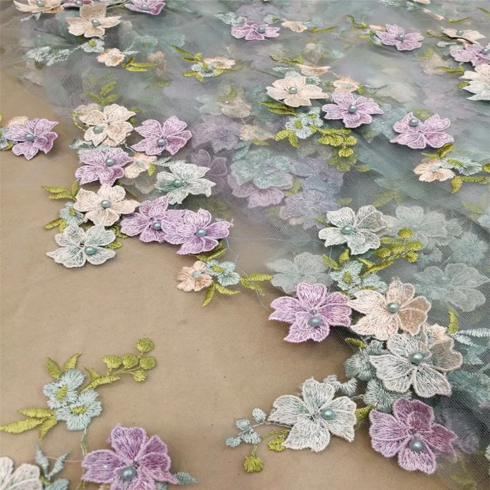 New design luxury crystal embroidery beading mesh fabrics wedding dress material 3d flower lace fabric embroidered net fabric