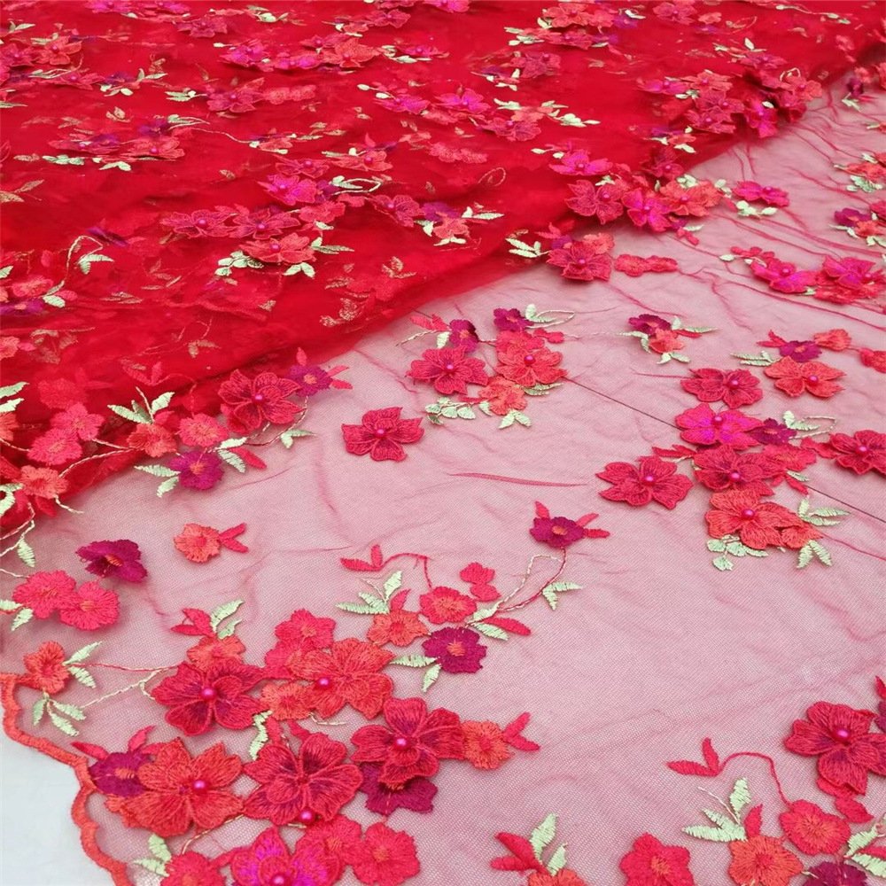 New design luxury crystal embroidery beading mesh fabrics wedding dress material 3d flower lace fabric embroidered net fabric