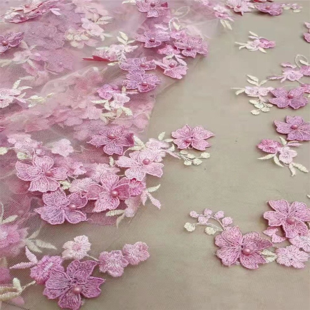 New design luxury crystal embroidery beading mesh fabrics wedding dress material 3d flower lace fabric embroidered net fabric