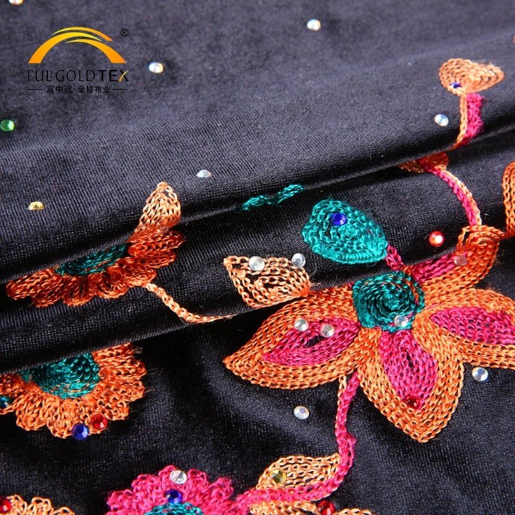 Hejin Custom Stretch Soft Knit Warp Flower Polyester Muslim Curtain Garments Dress Women Embroidery Velvet Fabric for Clothing