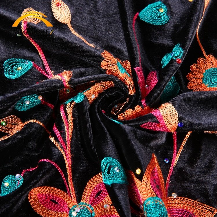 Hejin Custom Stretch Soft Knit Warp Flower Polyester Muslim Curtain Garments Dress Women Embroidery Velvet Fabric for Clothing