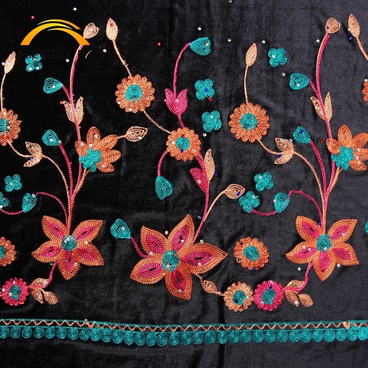 Hejin Custom Stretch Soft Knit Warp Flower Polyester Muslim Curtain Garments Dress Women Embroidery Velvet Fabric for Clothing