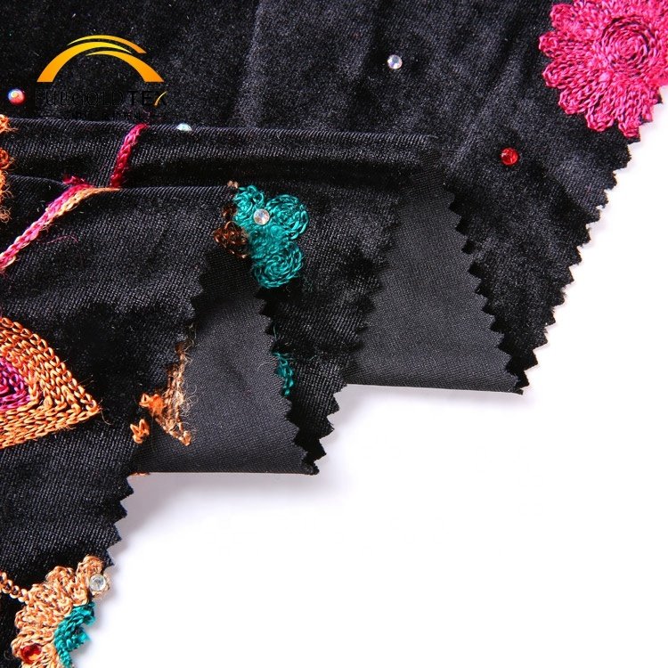 Hejin Custom Stretch Soft Knit Warp Flower Polyester Muslim Curtain Garments Dress Women Embroidery Velvet Fabric for Clothing