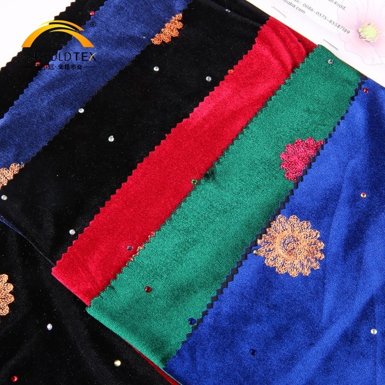 Hejin Custom Stretch Soft Knit Warp Flower Polyester Muslim Curtain Garments Dress Women Embroidery Velvet Fabric for Clothing
