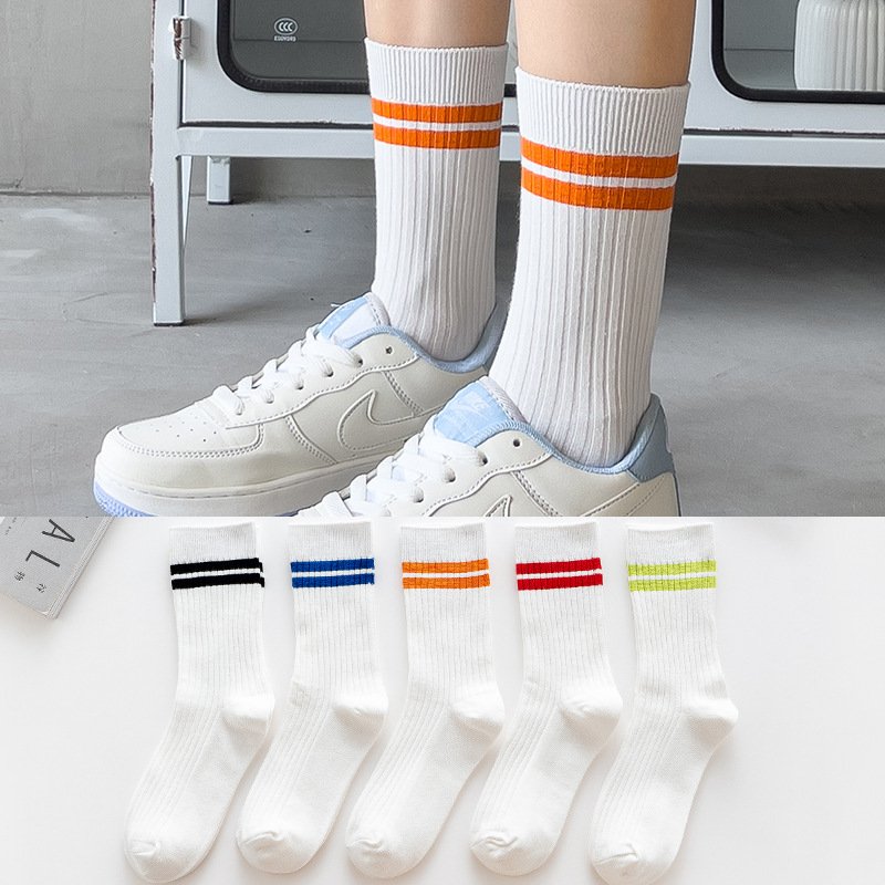 Socks autumn and winter double needle striped medium tube socks rib two bars white neutral couple stockings men's cotton socks