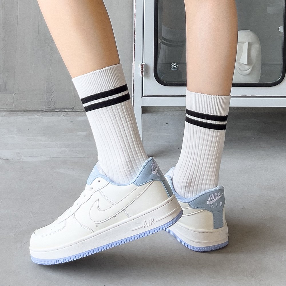 Socks autumn and winter double needle striped medium tube socks rib two bars white neutral couple stockings men's cotton socks