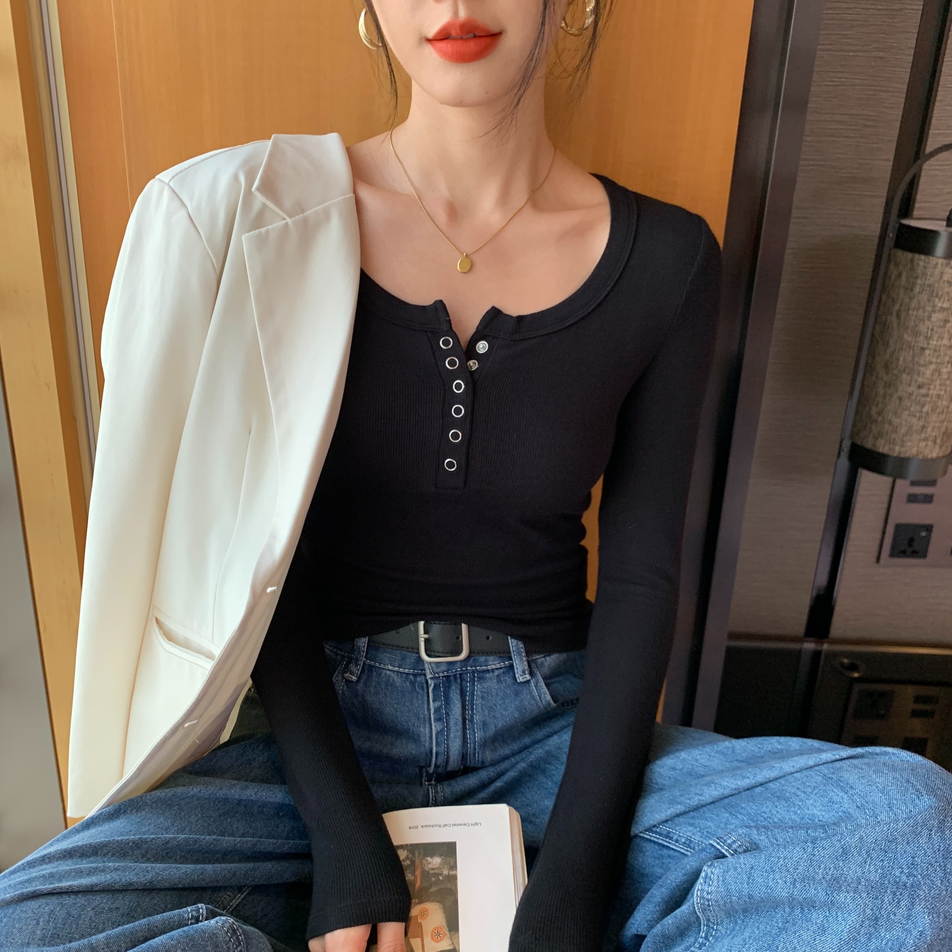 Custom Women's Long Sleeve T-Shirt Ladies Breathable Ribbed Women's clothing Collar Button Decoration Casual Sexy Printed