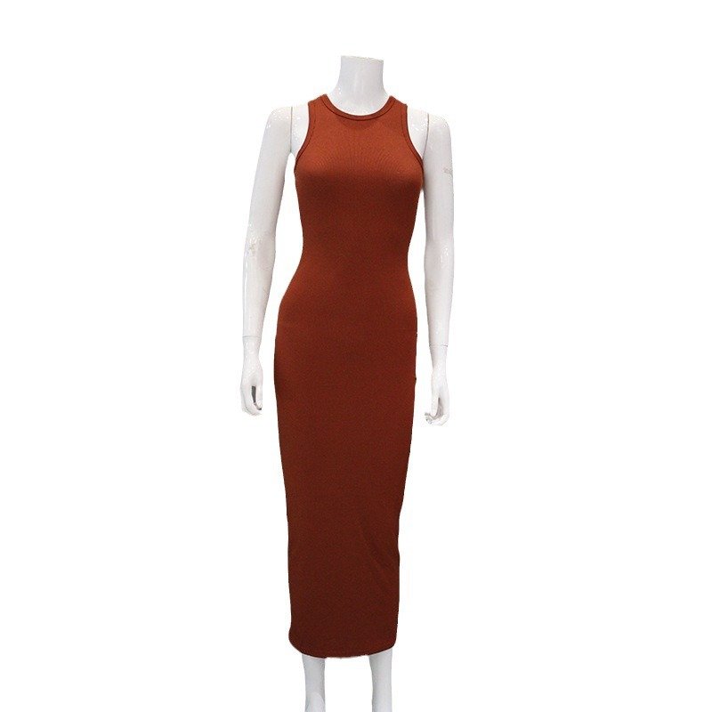 Women's Brown Ribbed Sleeveless Tank Maxi Dress Wholesale Ladies Clothing Comfortable Spandex and Linen Material for Summer