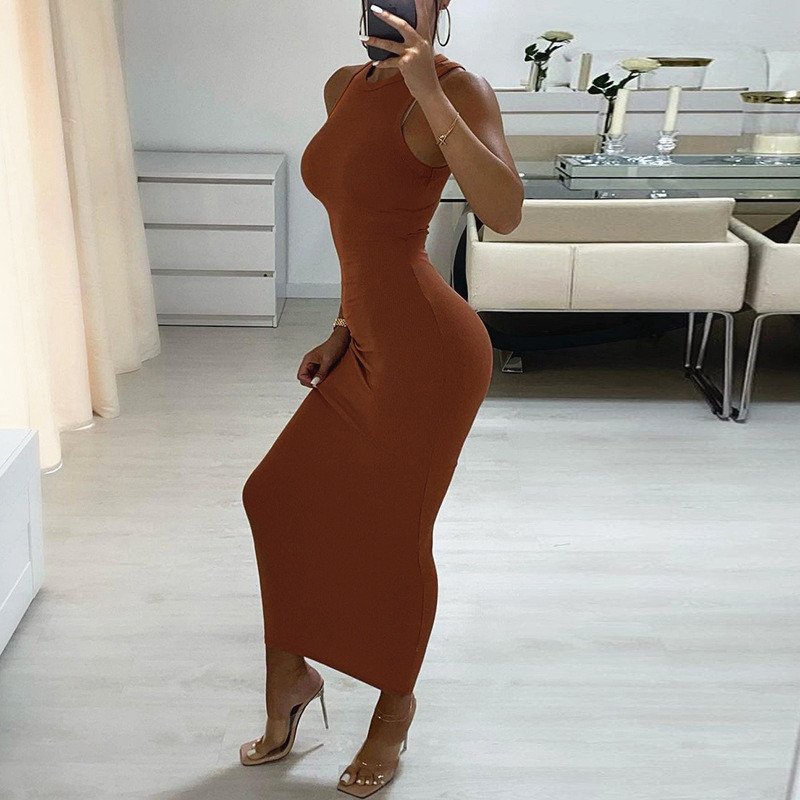 Women's Brown Ribbed Sleeveless Tank Maxi Dress Wholesale Ladies Clothing Comfortable Spandex and Linen Material for Summer
