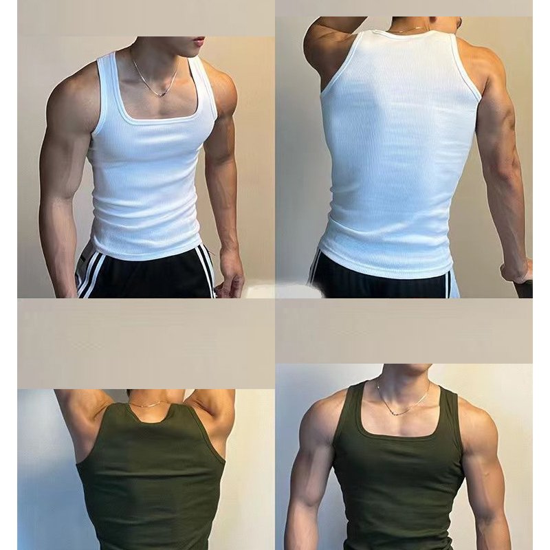 quality blank workout tank top ribbed tank top men Square Collar fitness gym tank top for men