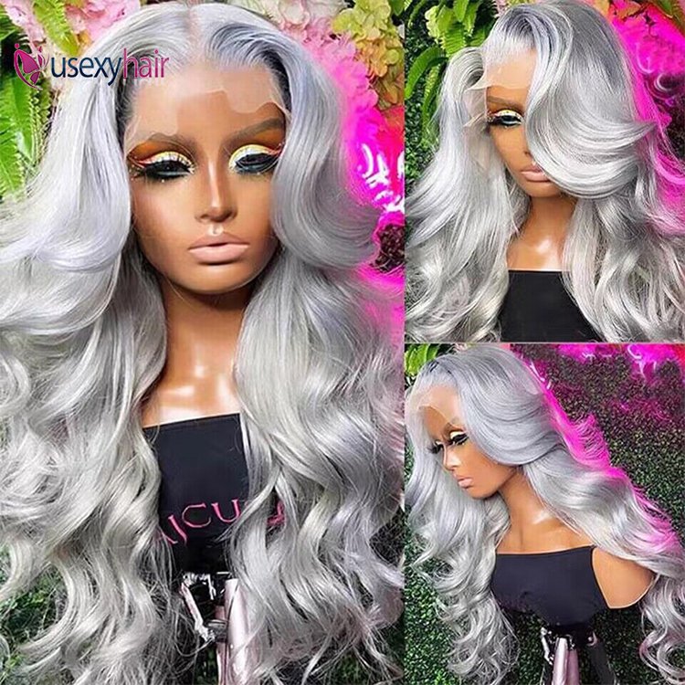 12A Grade Raw Silver Grey Ombre Human Hair Grey Wig Platinum Wigs Gray Body Wave Colored Lace Front Wigs