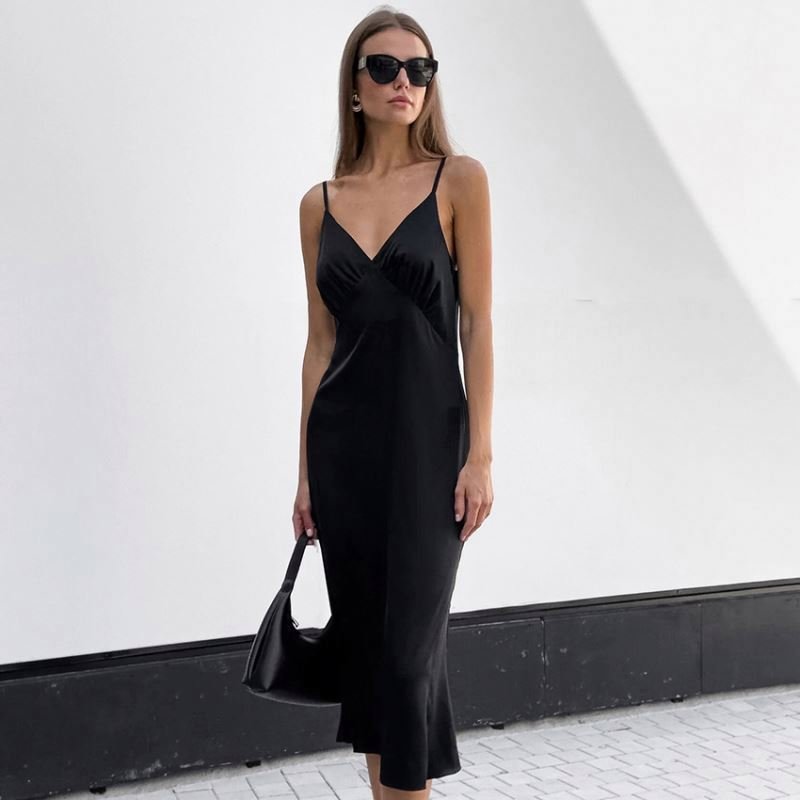 Women Ribbed Bodycon Trumpet Knitted Casual dress Satin slim body shaping sling v-neck silk Halter Casual Dress