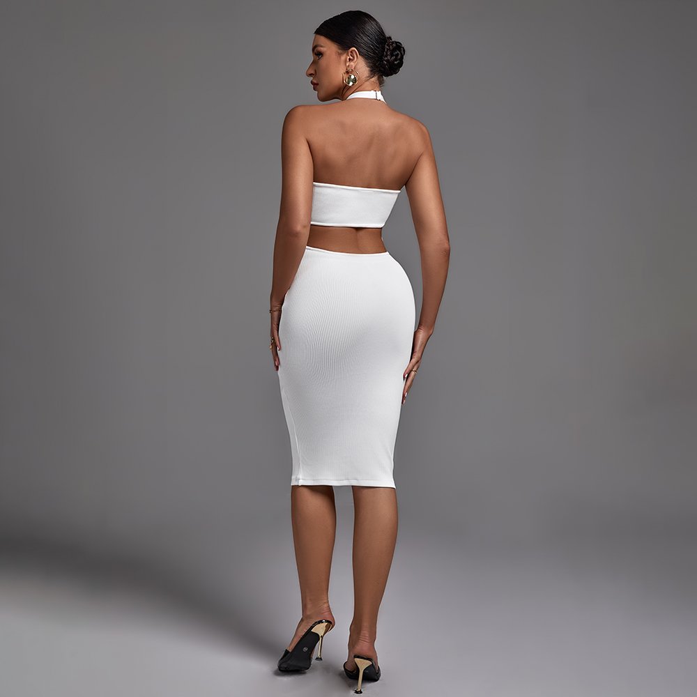 Summer Solid Ribbed Dress Women Bodycon Halter Off The Shoulder Sleeveless Backless Midi Casual Dresses Women