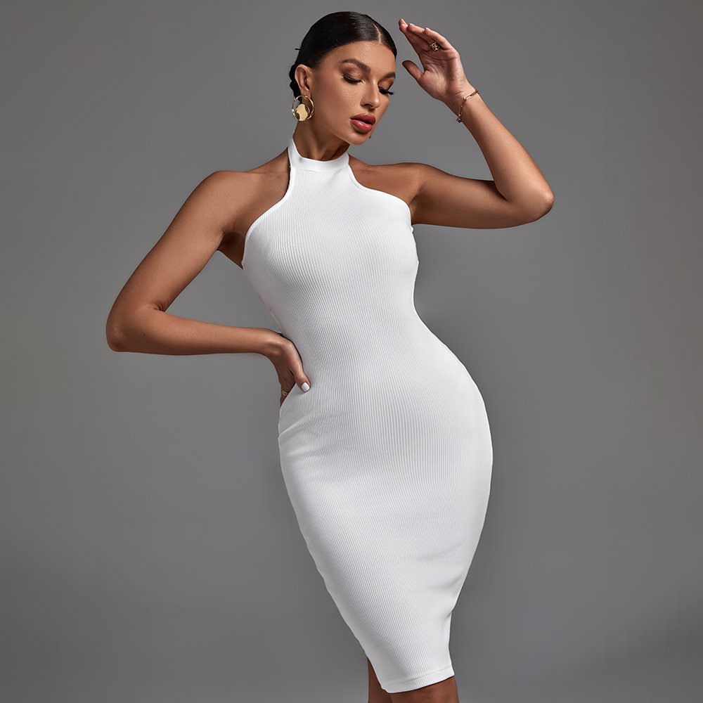 Summer Solid Ribbed Dress Women Bodycon Halter Off The Shoulder Sleeveless Backless Midi Casual Dresses Women