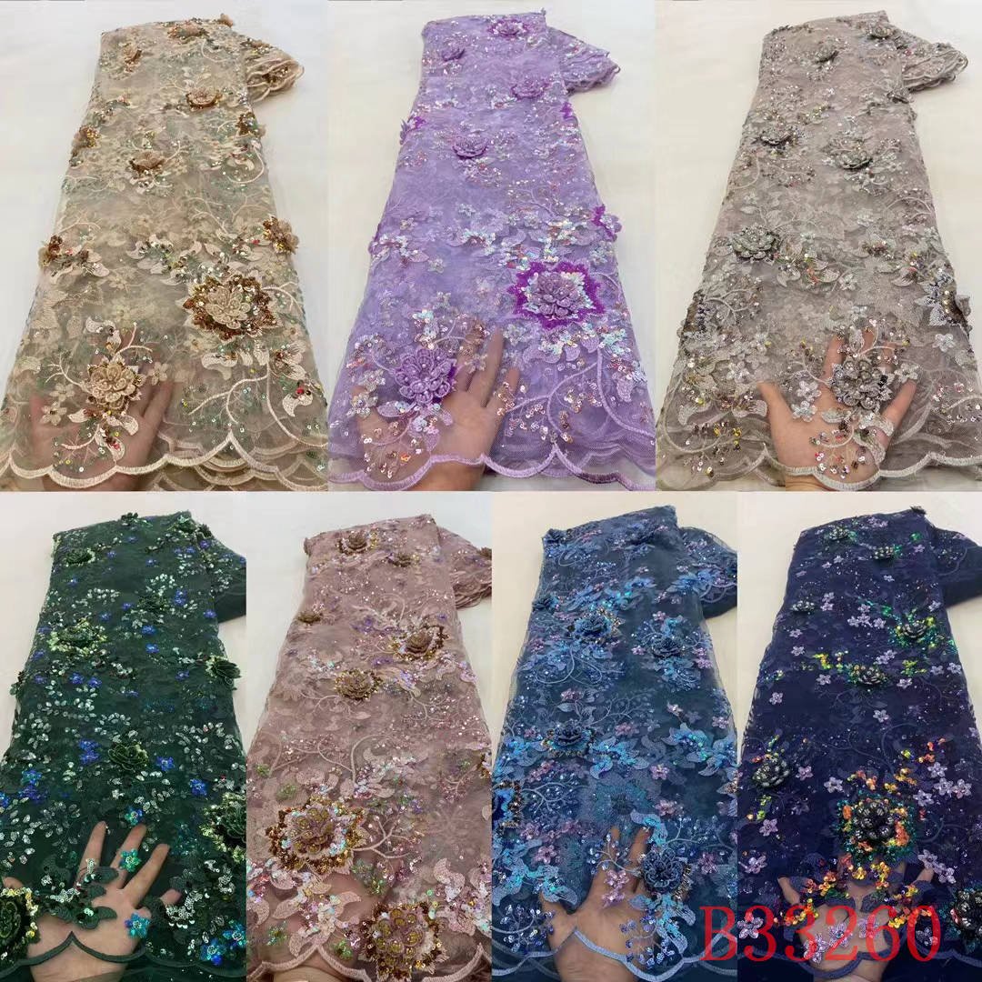 african sequin embroidery tulle purple 3d flower lace fabric soft 3d tulle lace fabric