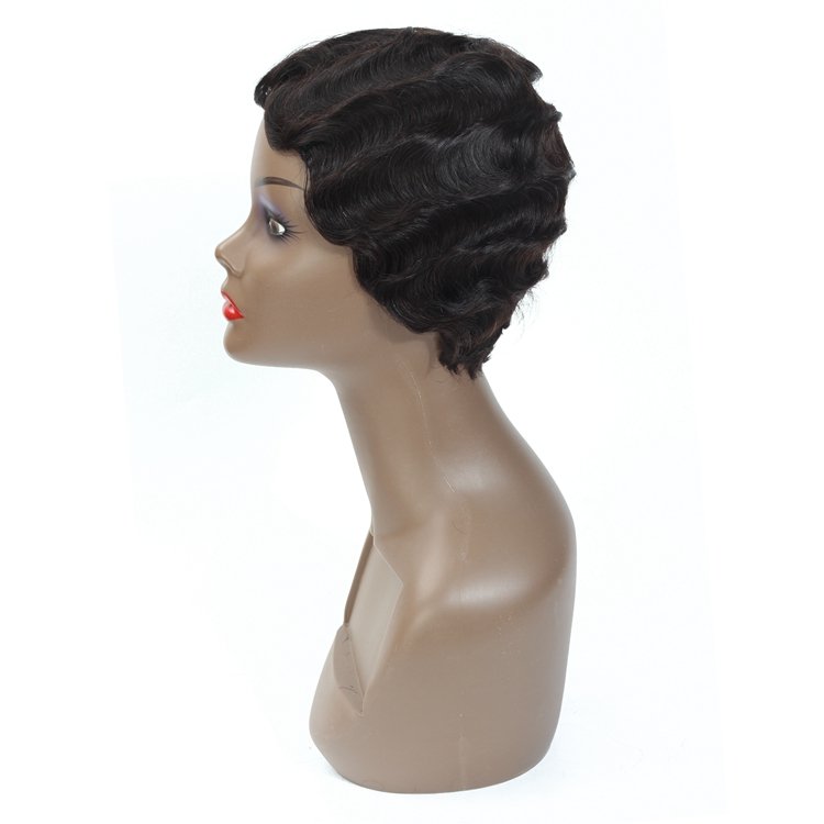 Peruvian Remy Good Quality Short Black Wave Wavy Pixie Cut Wig Ocean Wave Finger Wave None Lace Human Hair Wig