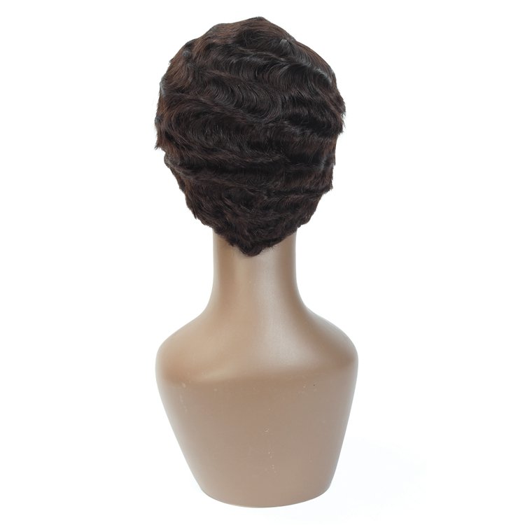 Peruvian Remy Good Quality Short Black Wave Wavy Pixie Cut Wig Ocean Wave Finger Wave None Lace Human Hair Wig