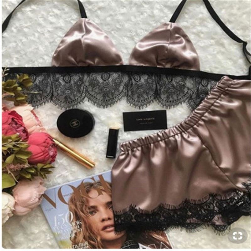 2pcs Lace Lingerie Set Women Sexy Satin Lace Bra Underwear Sleepwear Babydoll Lingerie Nightdress Pajamas Exotic Set R1247 Thin