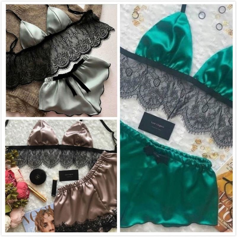 2pcs Lace Lingerie Set Women Sexy Satin Lace Bra Underwear Sleepwear Babydoll Lingerie Nightdress Pajamas Exotic Set R1247 Thin