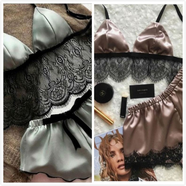 2pcs Lace Lingerie Set Women Sexy Satin Lace Bra Underwear Sleepwear Babydoll Lingerie Nightdress Pajamas Exotic Set R1247 Thin