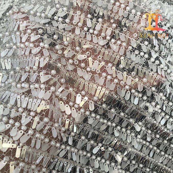 High quality 100% polyester luxury pearl heavy beaded embroidery bridal laces fabrics XM-BF0736