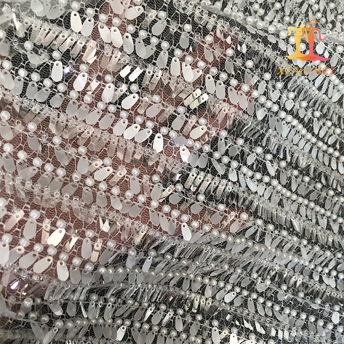 High quality 100% polyester luxury pearl heavy beaded embroidery bridal laces fabrics XM-BF0736