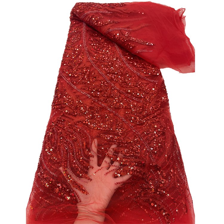Beads Embroidered Lace Red Lace Fabric Sequins Beaded Mesh Embroidery Fabric for Evening Dress Material