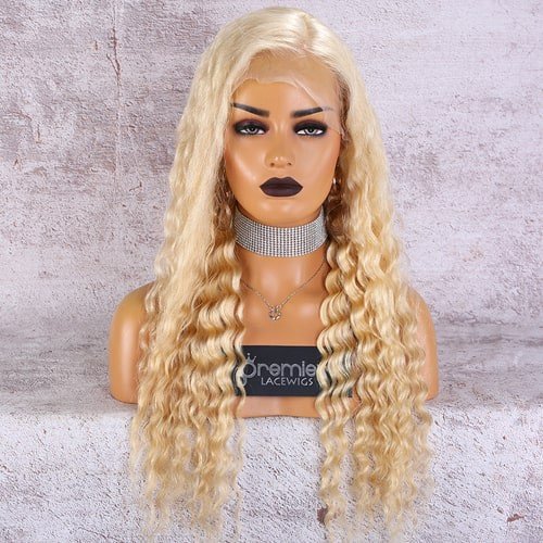 Selling 22inch 130% Density Human Remy Hair # 613 Blonde Color Deep Wave Full Lace Wig With Baby Hairline
