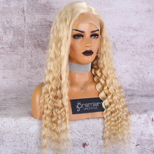 Selling 22inch 130% Density Human Remy Hair # 613 Blonde Color Deep Wave Full Lace Wig With Baby Hairline
