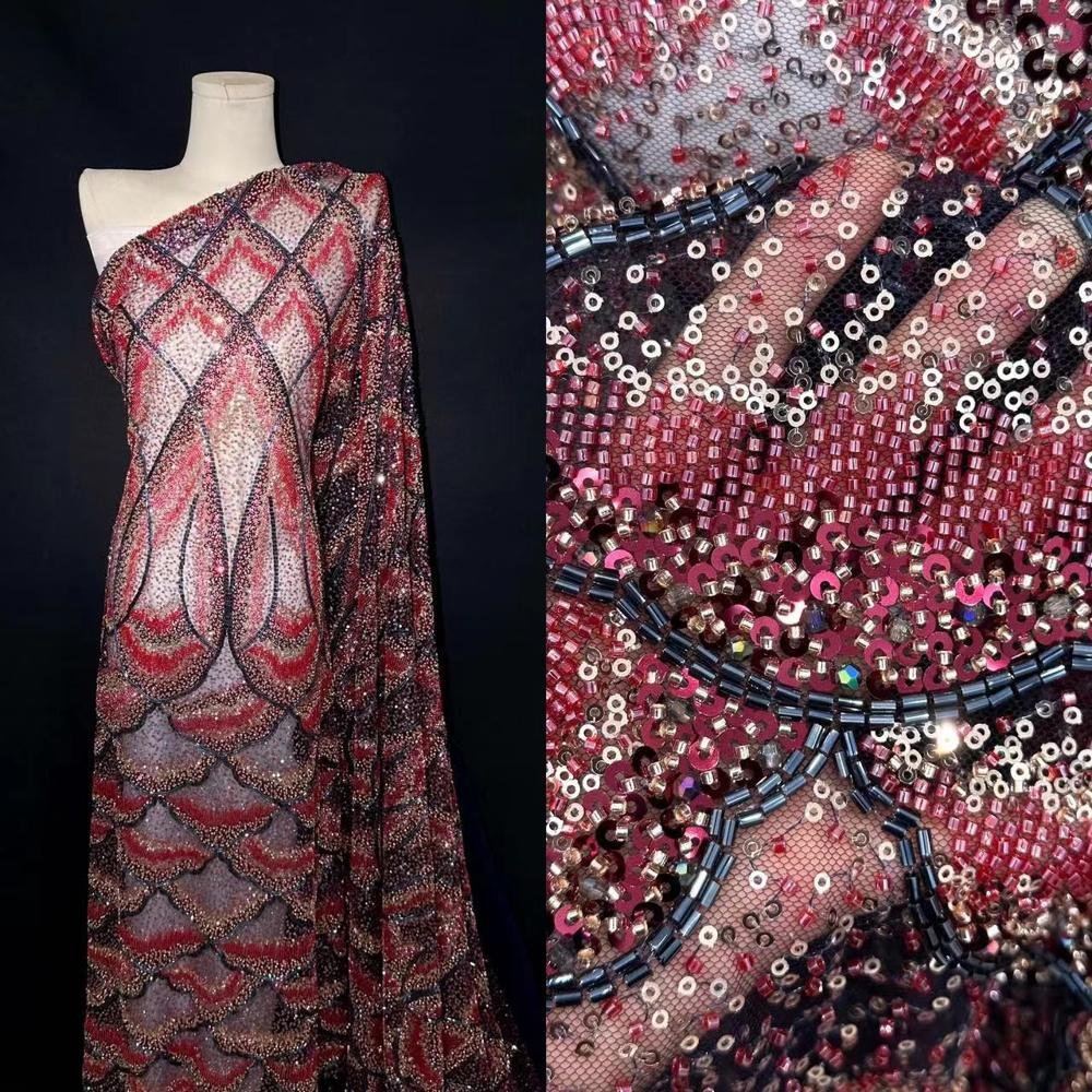 HFX Nigerian 2024 High Quality Beaded Tulle Groom Embroidery Sewing Sequins Net Cloth Beads Prom Dresses Lace Fabric