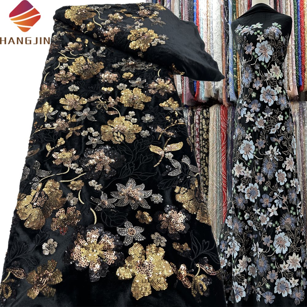 High Quality Embroidered Lace African Black Velvet Lace Fabric With Sequins Luxury Nigerian Velvet Lace For Party Dresses