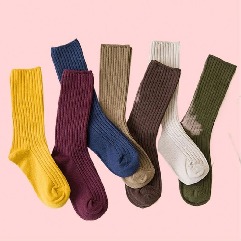 K40 Women's Solid Color Cotton Knitting Rib Socks 14 Basic Daily Socks For 4 Seasons Zipper Closure