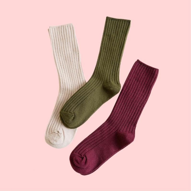 K40 Women's Solid Color Cotton Knitting Rib Socks 14 Basic Daily Socks For 4 Seasons Zipper Closure