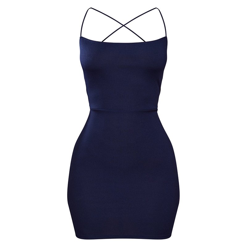 Women's Summer Fashion Petite Ink Blue Ribbed Lace Up Back Knitted Bodycon Sexy Party Dress