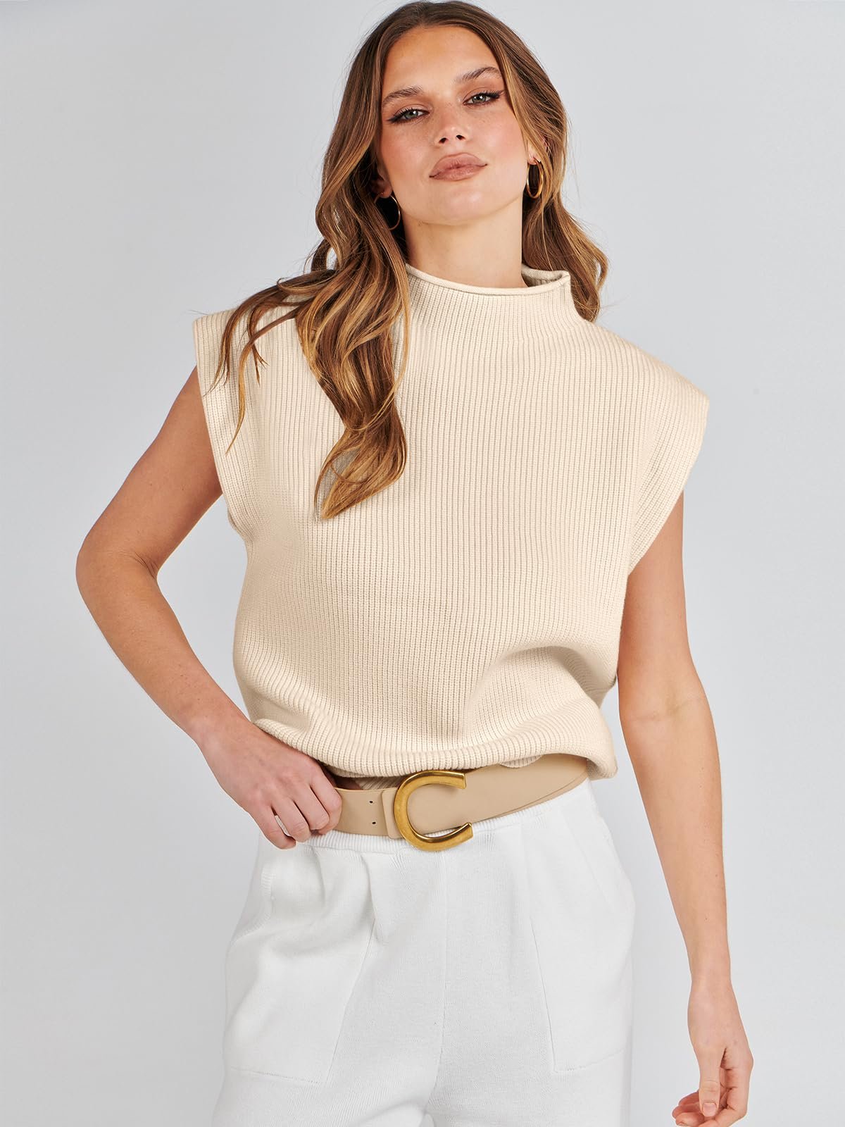 Women's Sublimation Mock Neck Sleeveless Sweater Vest Casual Cap Sleeve Knit Pullover Women Trendy Ribbed Outwear
